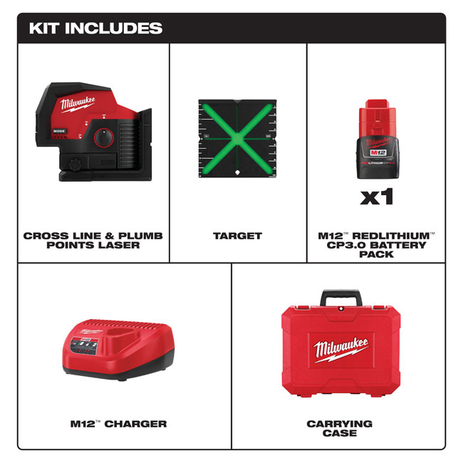 Milwaukee M12 Green Cross Line and Plumb Points Laser with Optional Kit from Columbia Safety