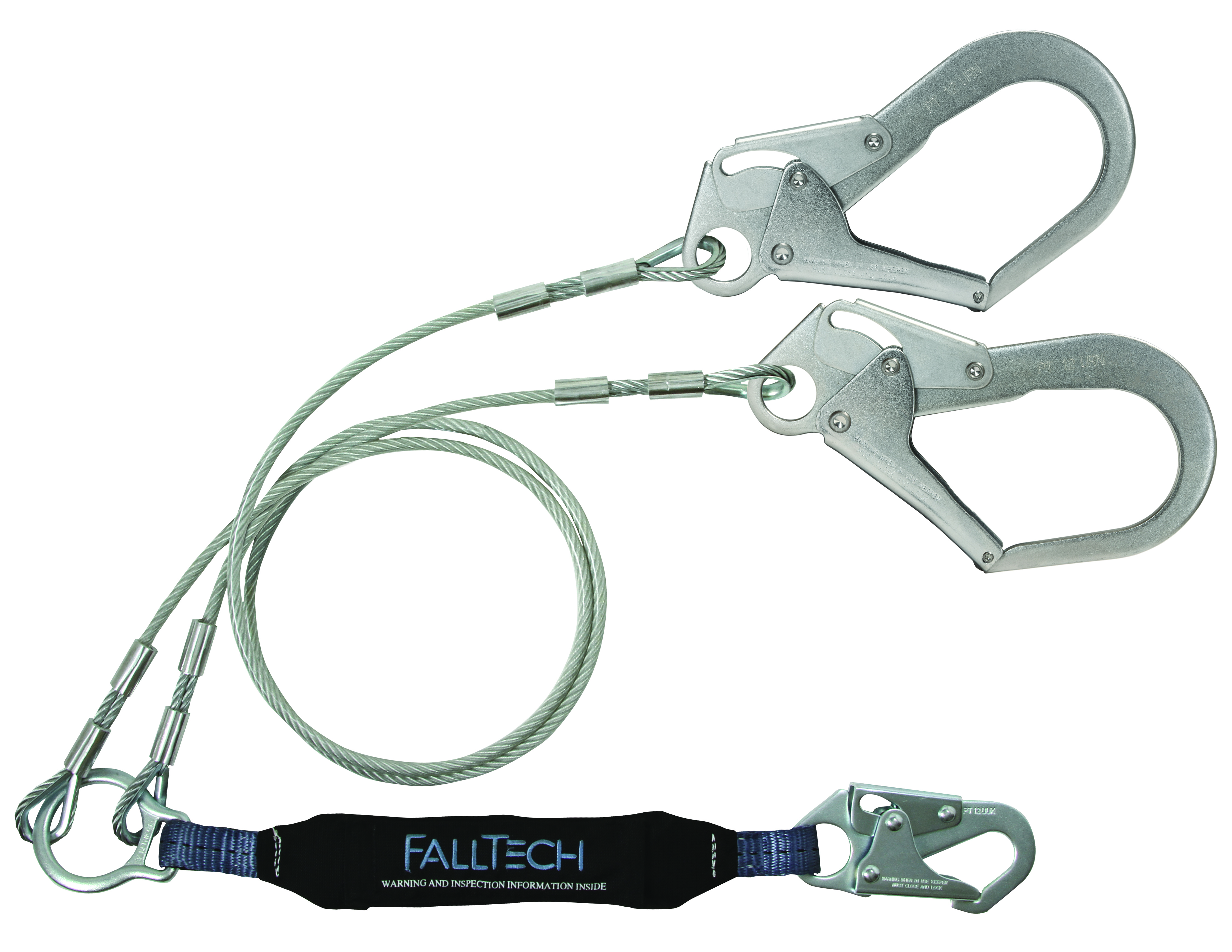 FallTech ViewPack Vinyl-Coated Cable Twin Leg Lanyard with Steel Rebar Hooks from Columbia Safety