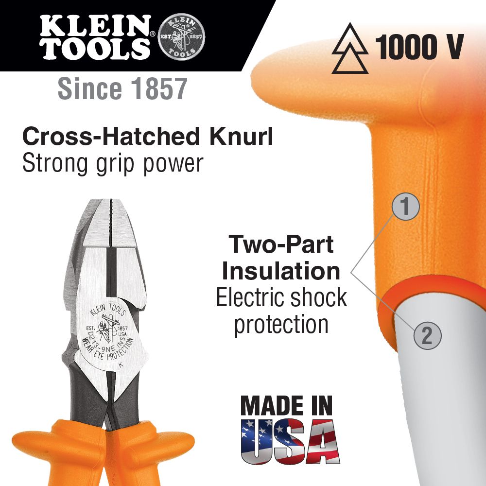 Klein Tools D2000-9NE-INS 9 Inch Insulated High-Leverage Side-Cutting Pliers from Columbia Safety