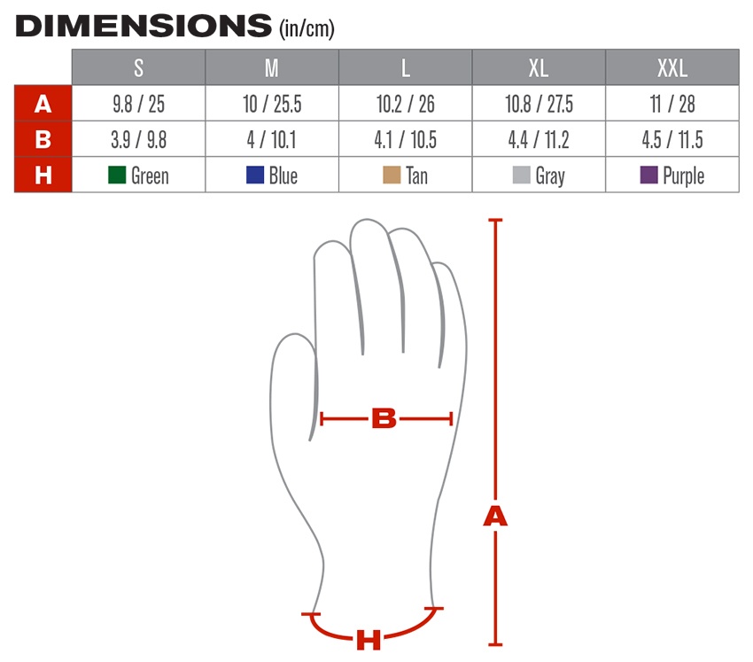 PowerGrab Thermo Hi-Vis Yellow Acrylic Gloves (12 Pair) - Sizing Chart from Columbia Safety