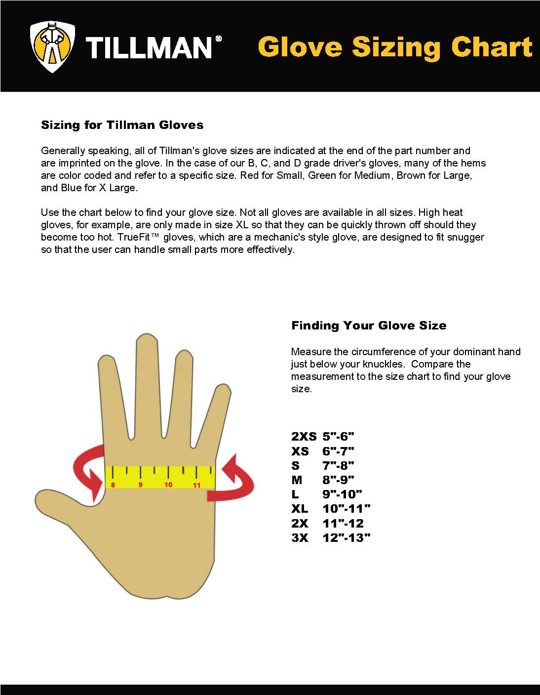 Tillman 1485 Truefit Insulated Gloves Sizing Chart from Columbia Safety